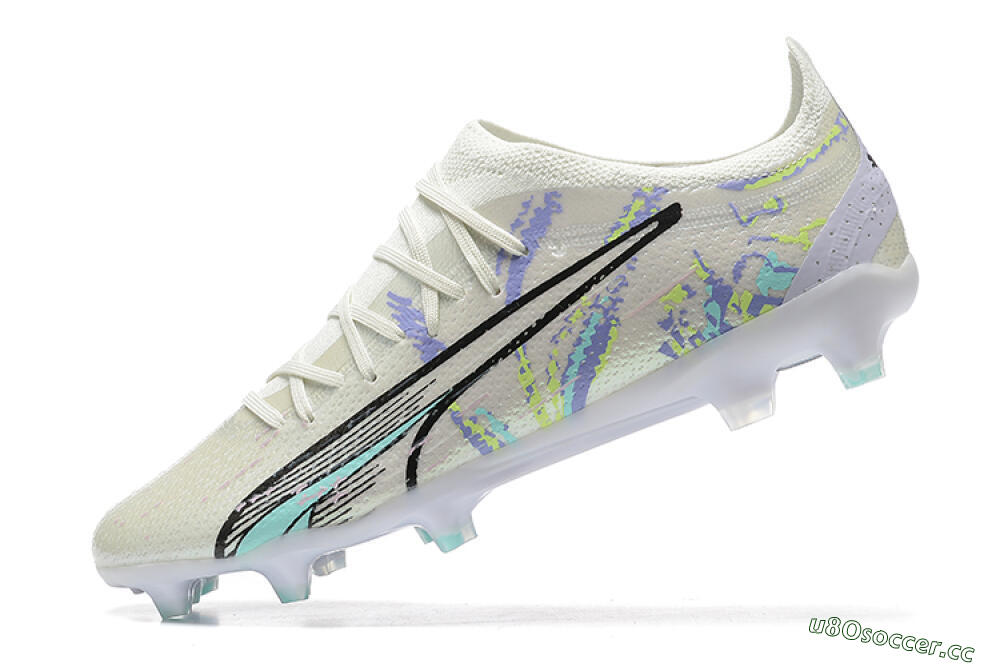 Men's Puma Ultra Ultimate FG Firm Ground Low-Tops Football Boots - White/Black/Yellow/Purple 7