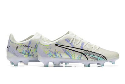 Men's Puma Ultra Ultimate FG Firm Ground Low-Tops Football Boots - White/Black/Yellow/Purple