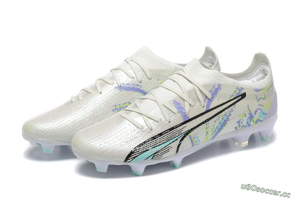 Men's Puma Ultra Ultimate FG Firm Ground Low-Tops Football Boots - White/Black/Yellow/Purple 9