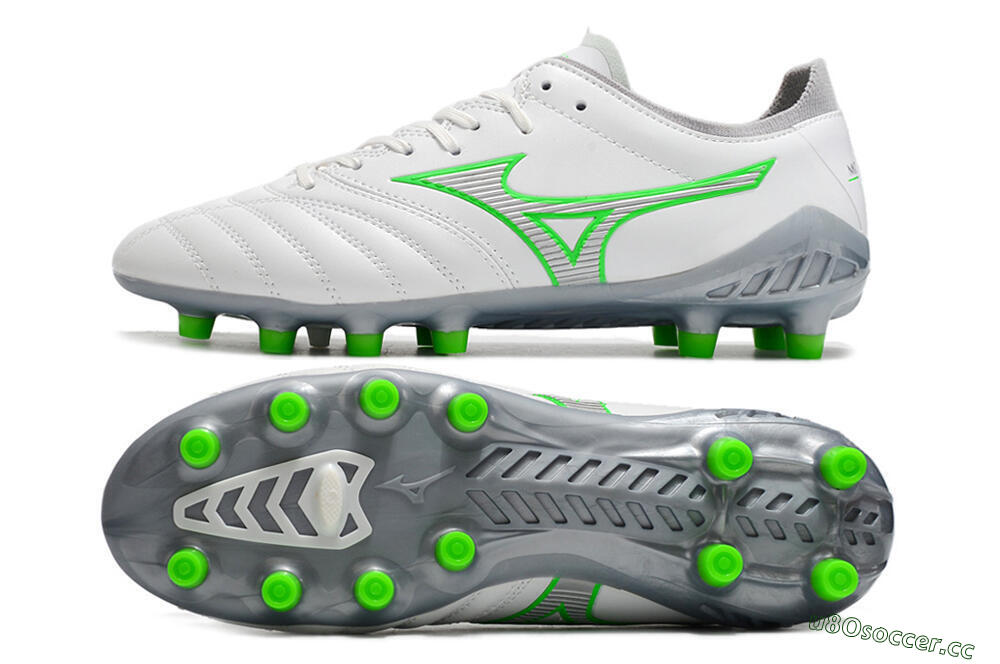 Men's Mizuno Morelia Neo 3 Made in Japan FG Firm Ground Low-Tops Football Boots - White/Green 1