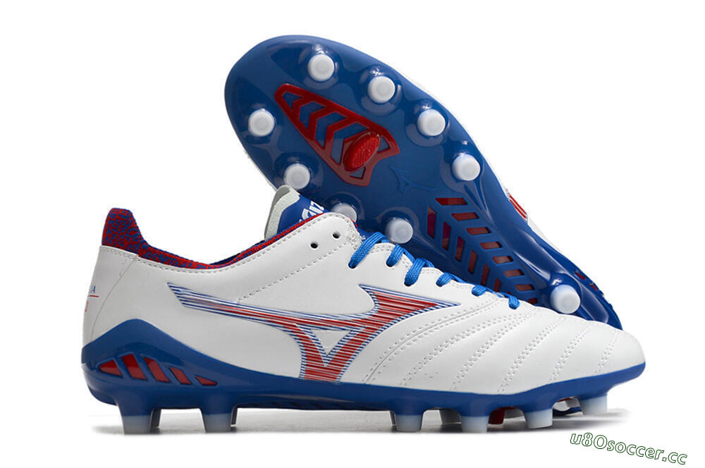 Men's Mizuno Morelia Neo 3 Pro Japan FG Firm Ground Low-Tops Football Boots - White/Red/Blue 2
