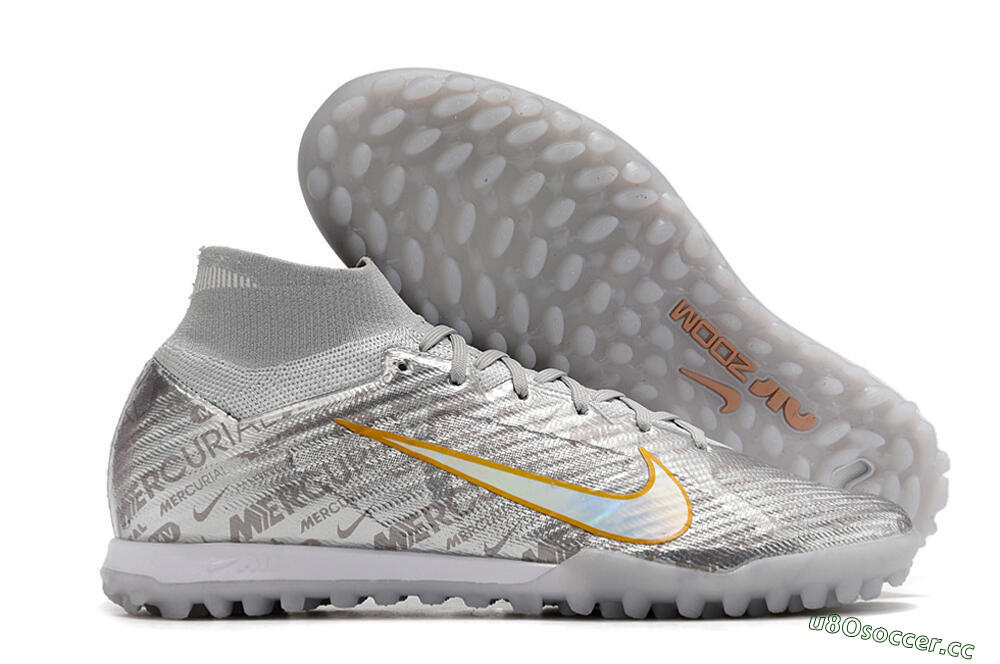 Men's Nike Air Zoom Mercurial Superfly 9 Elite TF Artificial Turf High-Tops Football Shoes - Silver/Gold 2
