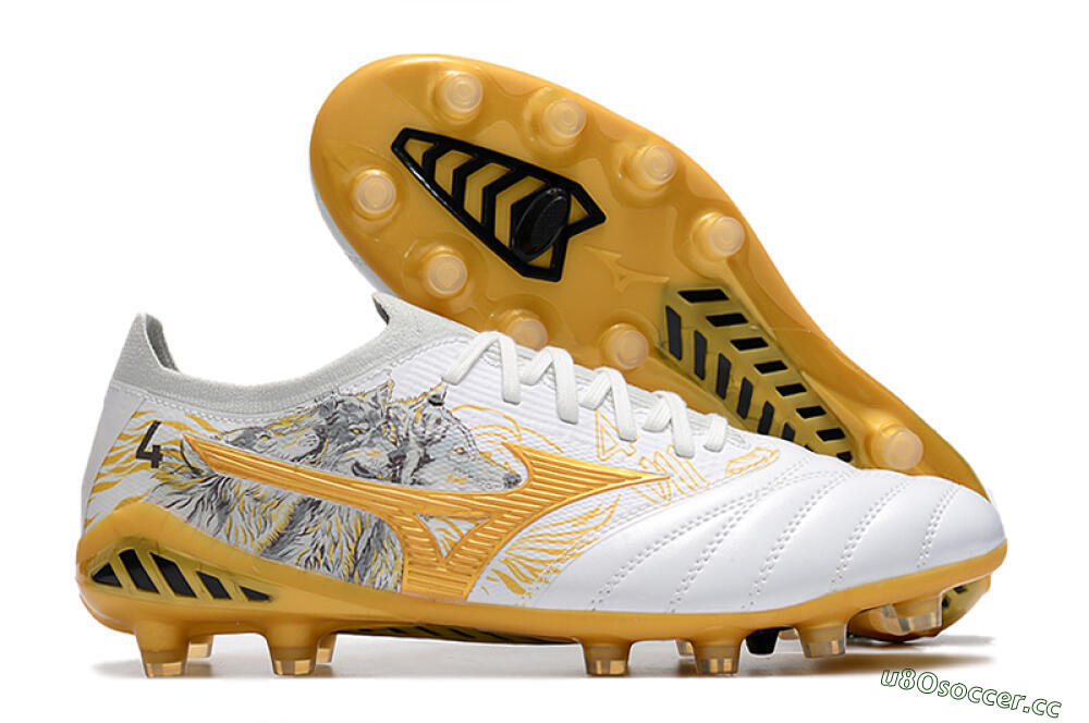 Men's Mizuno Morelia Neo 3 Japan FG Firm Ground Low-Tops Football Boots - White/Black/Gold 2