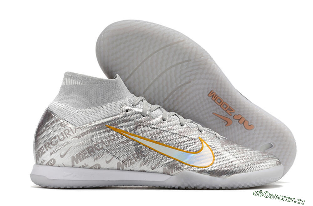 Men's Nike Air Zoom Mercurial Superfly 9 Elite IC Indoor & Futsal High-Tops Football Shoes - Silver/Gold 2