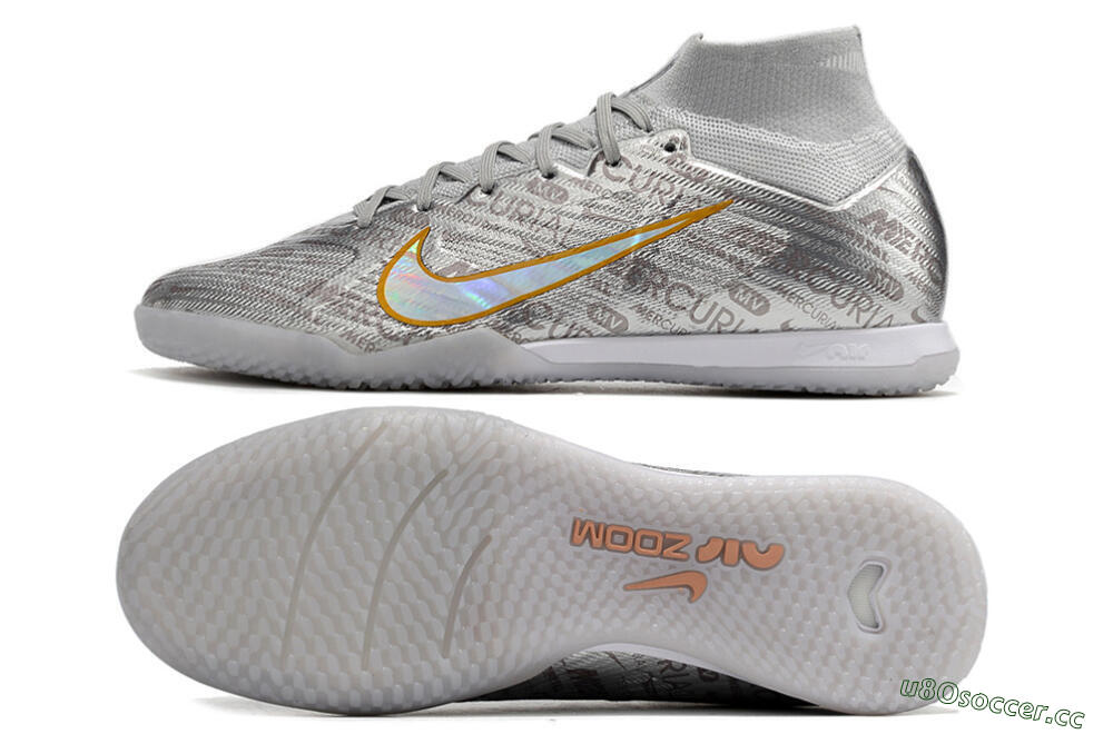 Men's Nike Air Zoom Mercurial Superfly 9 Elite IC Indoor & Futsal High-Tops Football Shoes - Silver/Gold 1