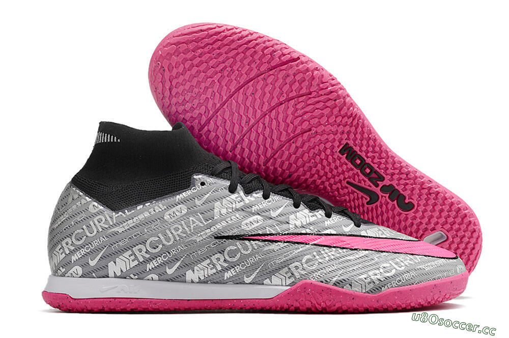 Men's Nike Air Zoom Mercurial Superfly 9 Elite IC Indoor & Futsal High-Tops Football Shoes - Silver/Black/Pink 2