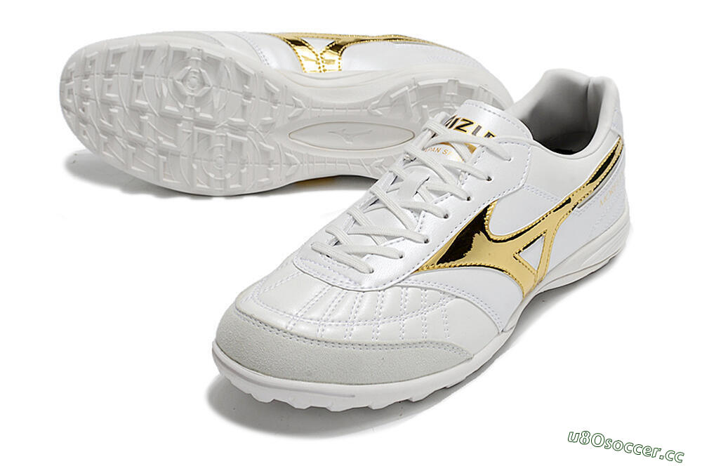 Men's Mizuno Morelia Sala Japn TF Artificial Turf Low-Tops Football Shoes - White/Gold 3