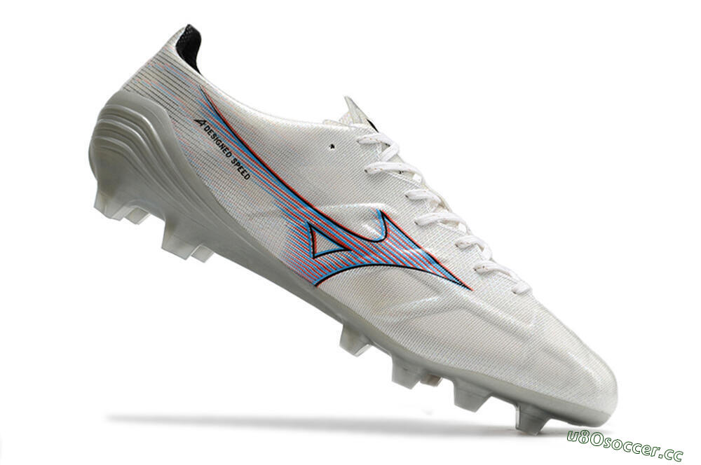 Men's Mizuno Morelia Alpha FG Firm Ground Low-Tops Football Boots - Silver/Red/Blue 5