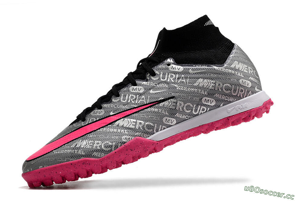Men's Nike Mercurial Superfly 8 Elite TF Artificial Turf High-Tops Football Shoes - Grey/Black/Pink 4