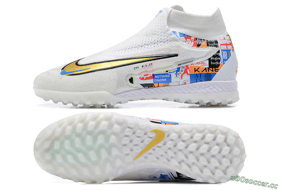 Men's Harry Kane x Nike Phantom GX Elite DF Link TF Artificial Turf High-Tops Football Shoes - White/Gold/Black 1