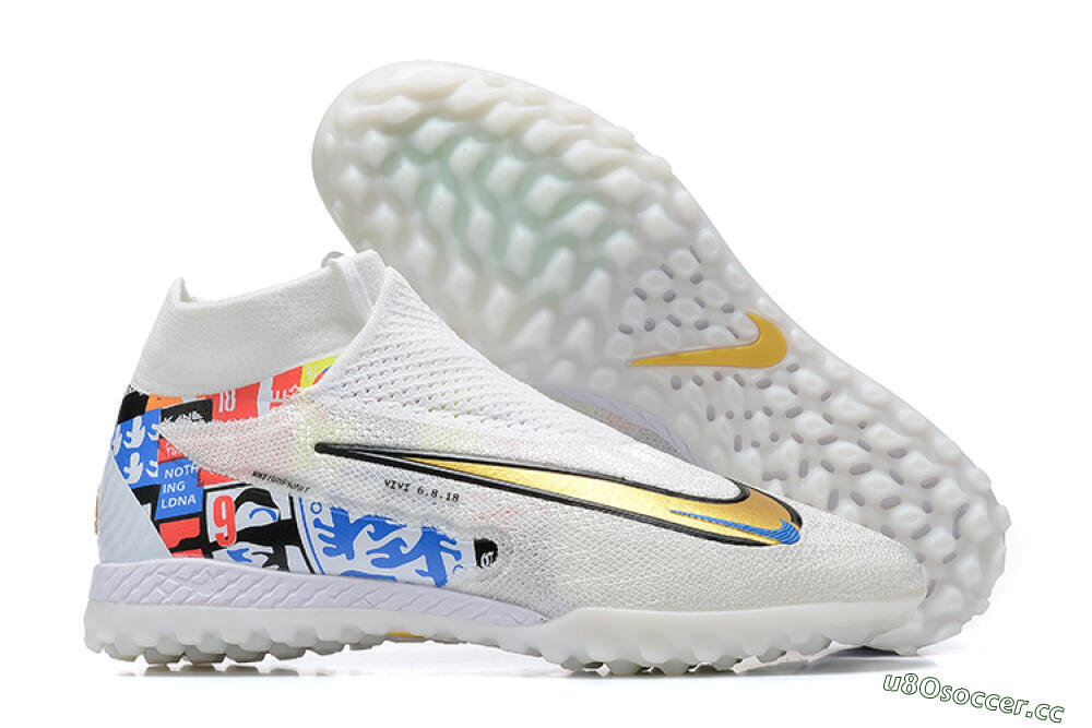 Men's Harry Kane x Nike Phantom GX Elite DF Link TF Artificial Turf High-Tops Football Shoes - White/Gold/Black 2