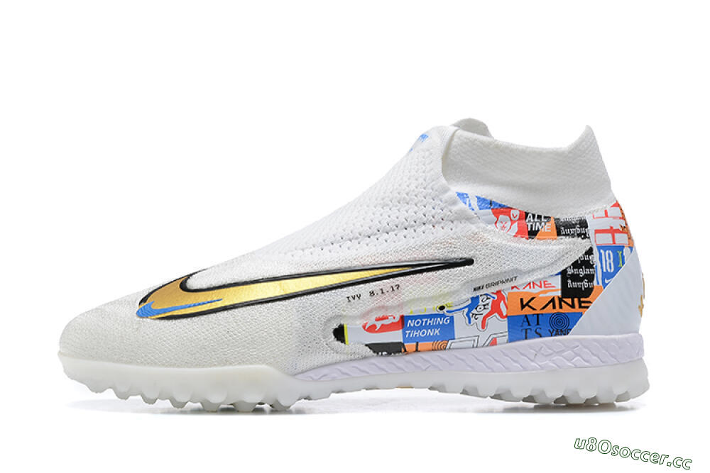 Men's Harry Kane x Nike Phantom GX Elite DF Link TF Artificial Turf High-Tops Football Shoes - White/Gold/Black 0