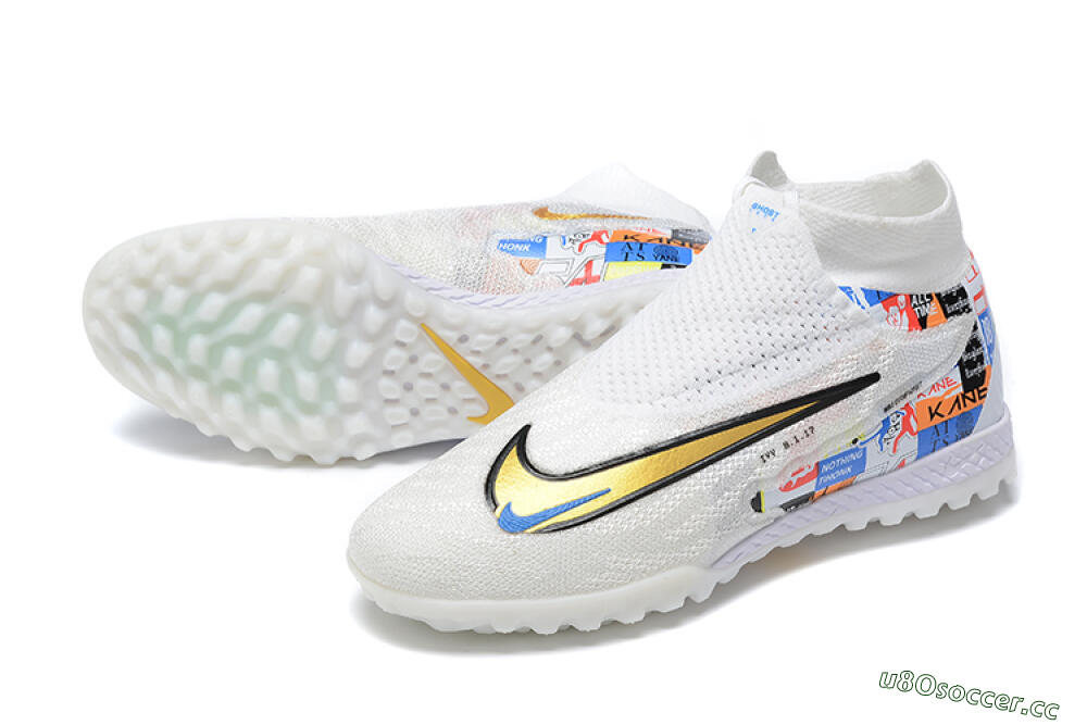 Men's Harry Kane x Nike Phantom GX Elite DF Link TF Artificial Turf High-Tops Football Shoes - White/Gold/Black 3