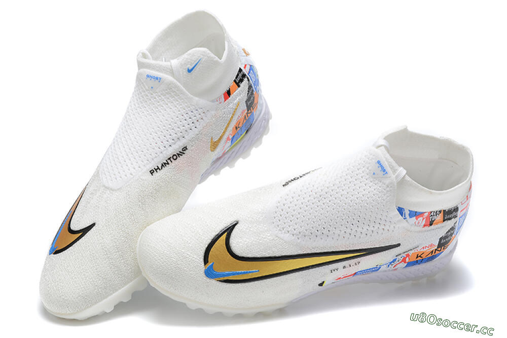 Men's Harry Kane x Nike Phantom GX Elite DF Link TF Artificial Turf High-Tops Football Shoes - White/Gold/Black 5
