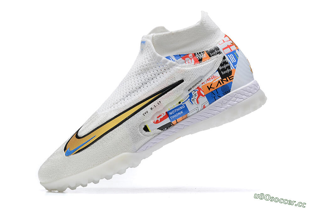 Men's Harry Kane x Nike Phantom GX Elite DF Link TF Artificial Turf High-Tops Football Shoes - White/Gold/Black 7