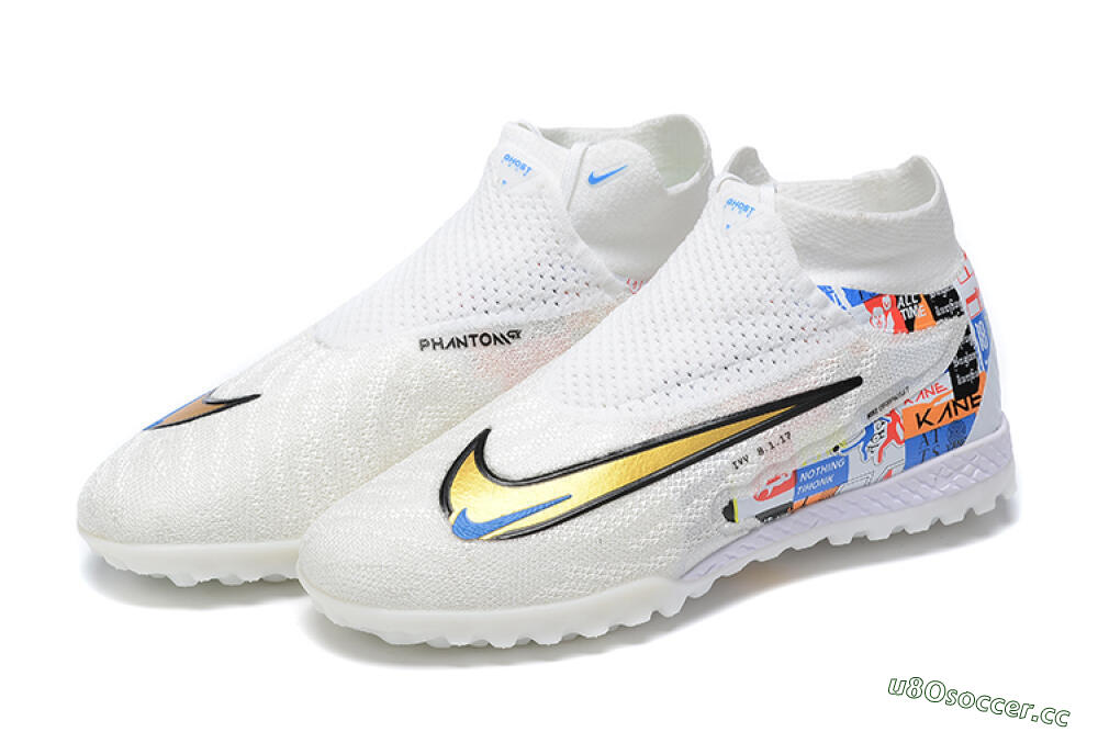 Men's Harry Kane x Nike Phantom GX Elite DF Link TF Artificial Turf High-Tops Football Shoes - White/Gold/Black 9