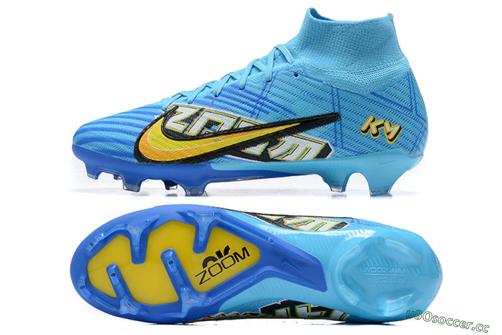 Unisex Kylian Mbappe x Nike Air Zoom Mercurial Superfly 9 Elite FG Firm Ground High-Tops Football Boots - Blue/Yellow/Black 1