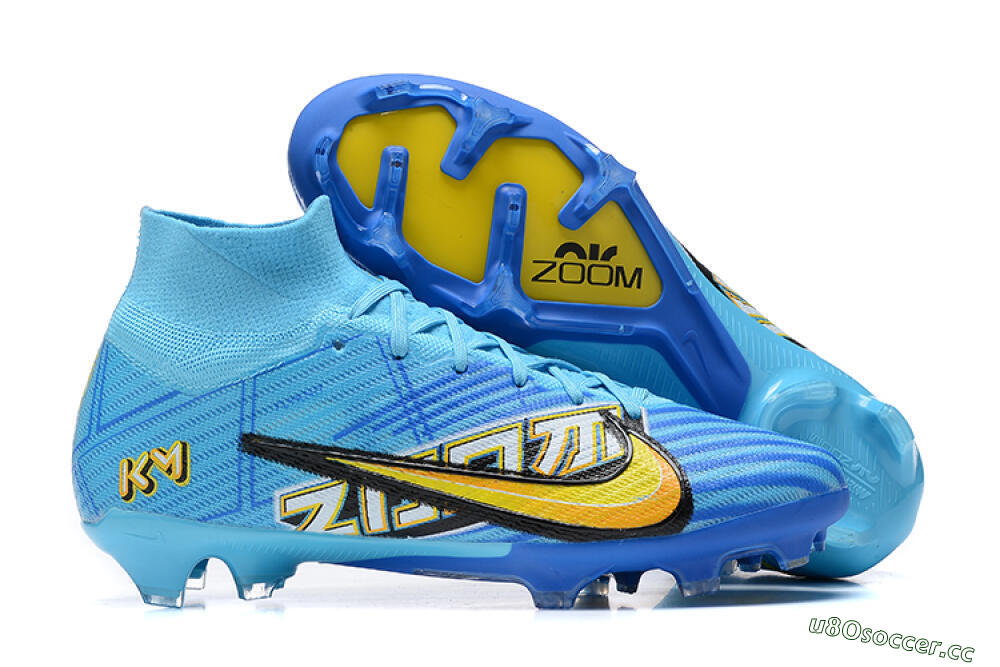 Unisex Kylian Mbappe x Nike Air Zoom Mercurial Superfly 9 Elite FG Firm Ground High-Tops Football Boots - Blue/Yellow/Black 2