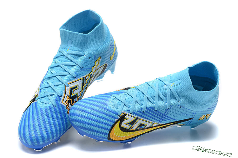 Unisex Kylian Mbappe x Nike Air Zoom Mercurial Superfly 9 Elite FG Firm Ground High-Tops Football Boots - Blue/Yellow/Black 5