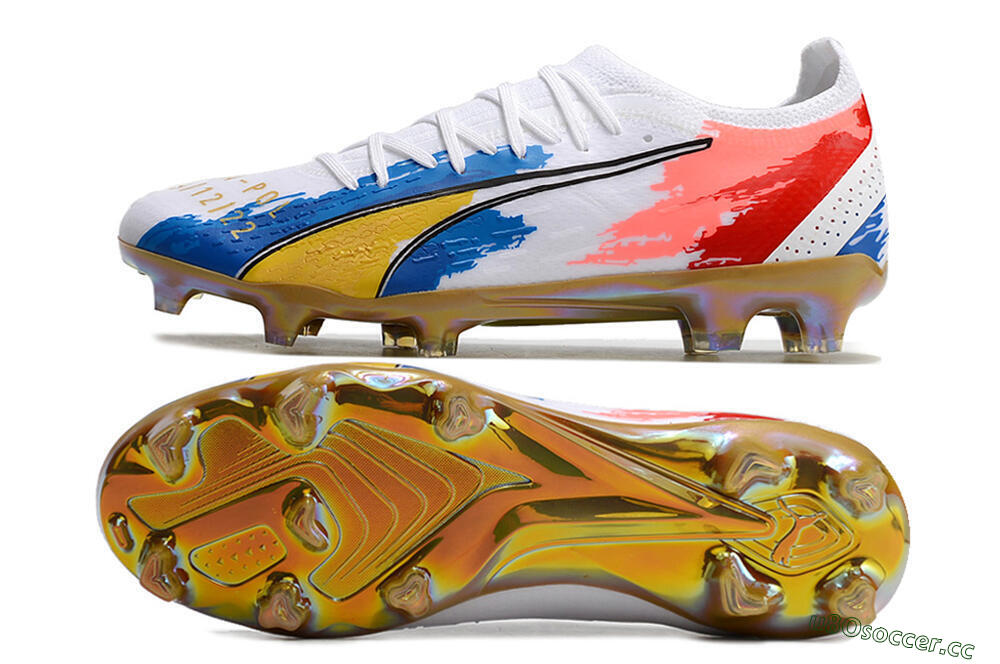 Men's Puma Ultra Ultimate FG Firm Ground Low-Tops Football Boots - White/Blue/Red/Gold 1