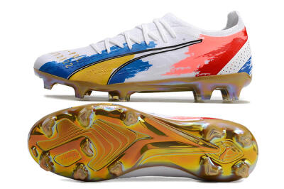 Men's Puma Ultra Ultimate FG Firm Ground Low-Tops Football Boots - White/Blue/Red/Gold