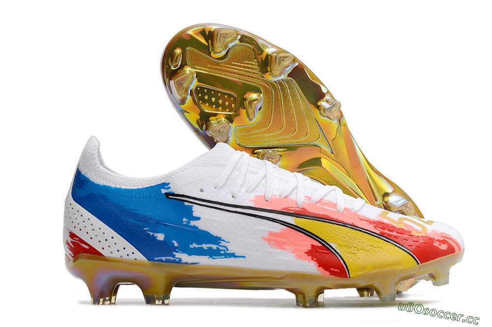 Men's Puma Ultra Ultimate FG Firm Ground Low-Tops Football Boots - White/Blue/Red/Gold 2