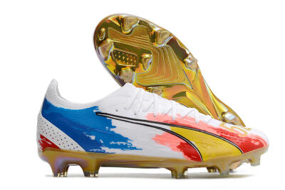 Men's Puma Ultra Ultimate FG Firm Ground Low-Tops Football Boots - White/Blue/Red/Gold