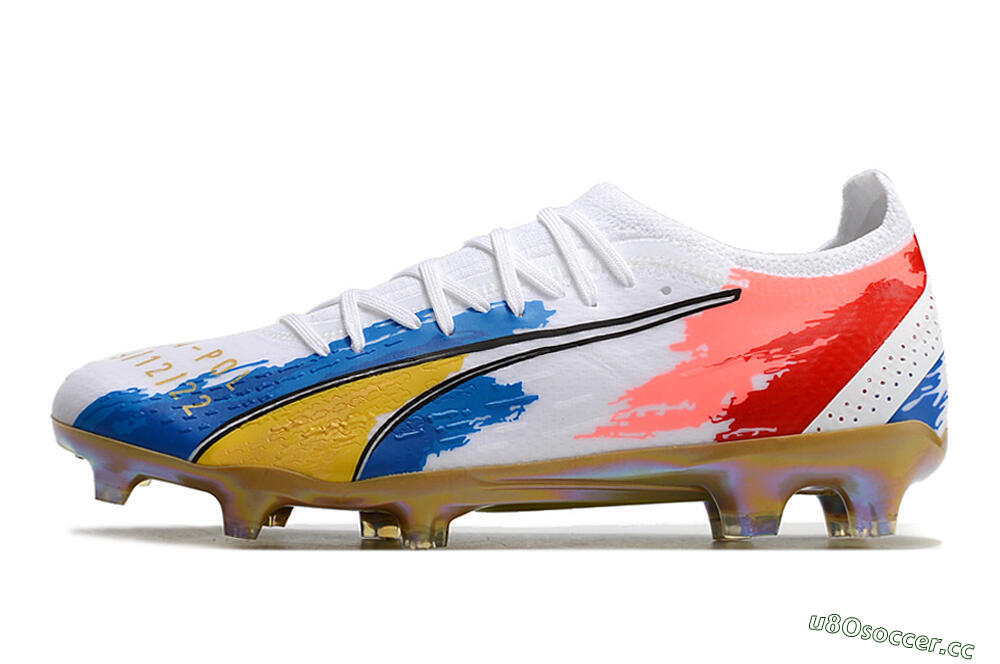 Men's Puma Ultra Ultimate FG Firm Ground Low-Tops Football Boots - White/Blue/Red/Gold 0