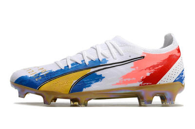 Men's Puma Ultra Ultimate FG Firm Ground Low-Tops Football Boots - White/Blue/Red/Gold