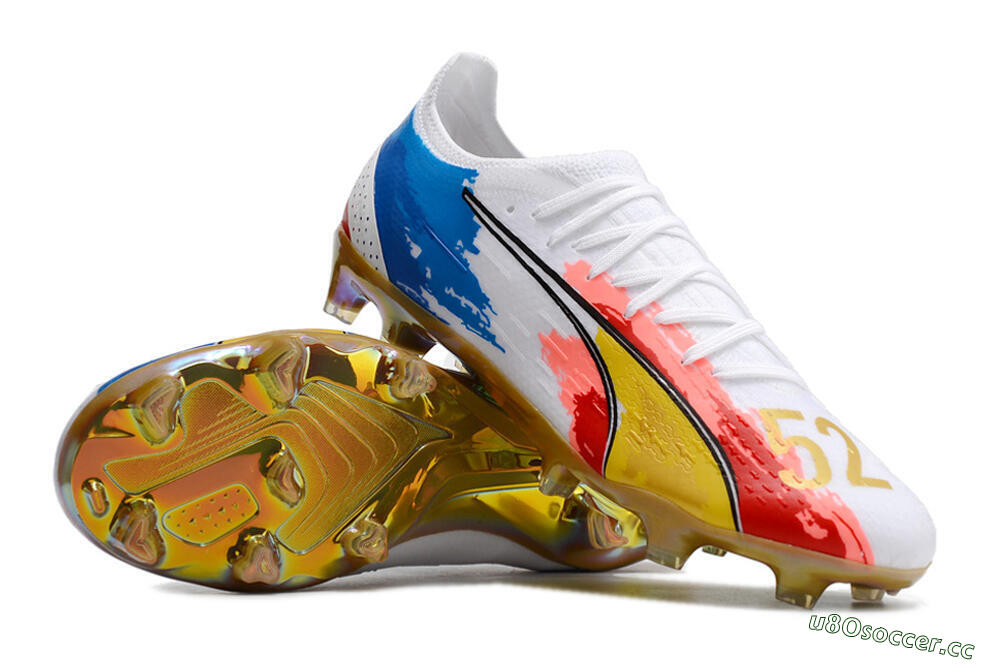 Men's Puma Ultra Ultimate FG Firm Ground Low-Tops Football Boots - White/Blue/Red/Gold 3