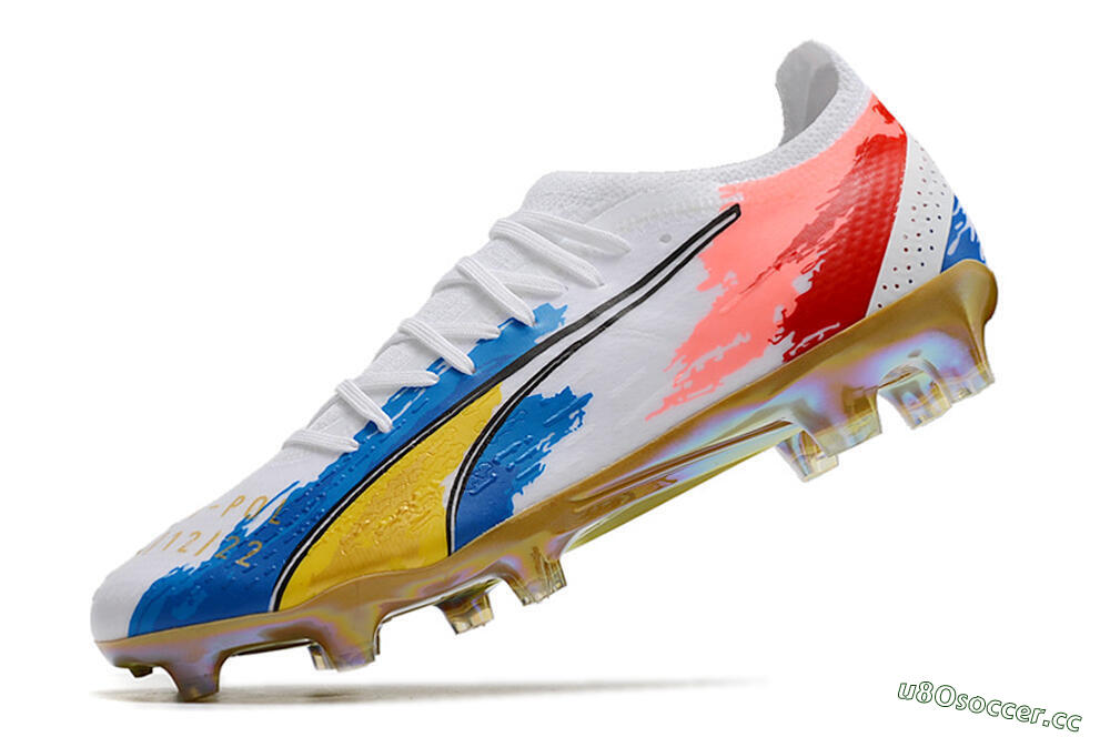 Men's Puma Ultra Ultimate FG Firm Ground Low-Tops Football Boots - White/Blue/Red/Gold 5