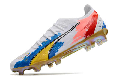 Men's Puma Ultra Ultimate FG Firm Ground Low-Tops Football Boots - White/Blue/Red/Gold