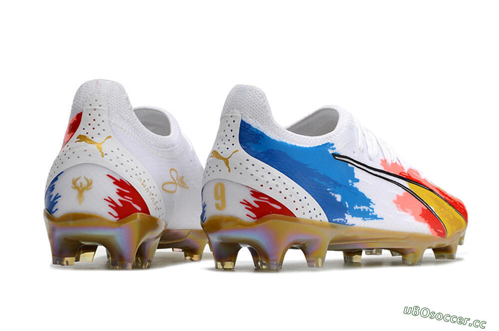 Men's Puma Ultra Ultimate FG Firm Ground Low-Tops Football Boots - White/Blue/Red/Gold 6