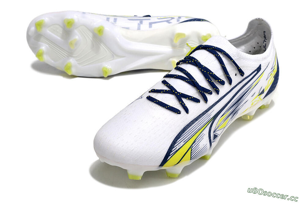 Men's Puma Ultra Ultimate FG Firm Ground Low-Tops Football Boots - White/Blue/Green 3