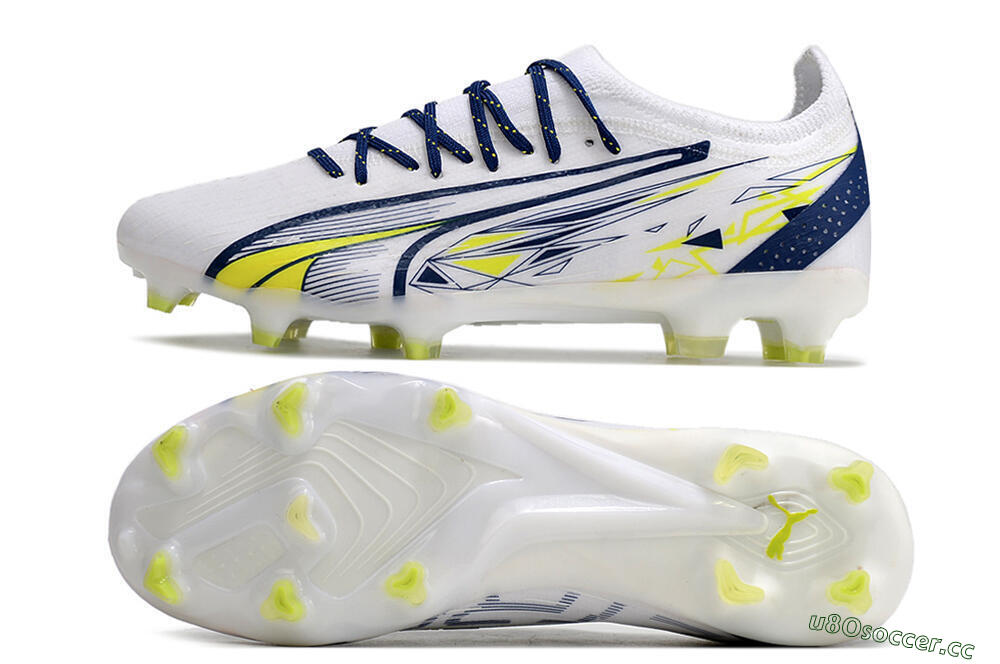 Men's Puma Ultra Ultimate FG Firm Ground Low-Tops Football Boots - White/Blue/Green 1