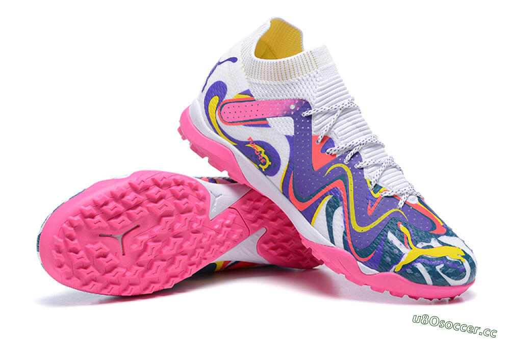 Men's Puma Future Ultimate TF Artificial Turf Low-Tops Football Shoes - White/Yellow/Blue/Pink 4