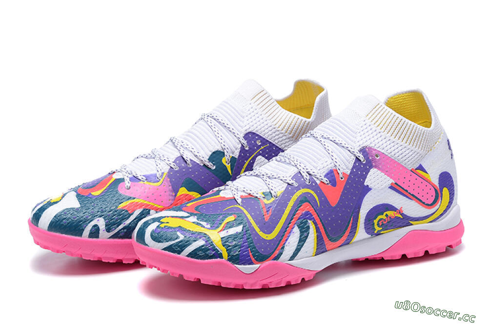 Men's Puma Future Ultimate TF Artificial Turf Low-Tops Football Shoes - White/Yellow/Blue/Pink 9