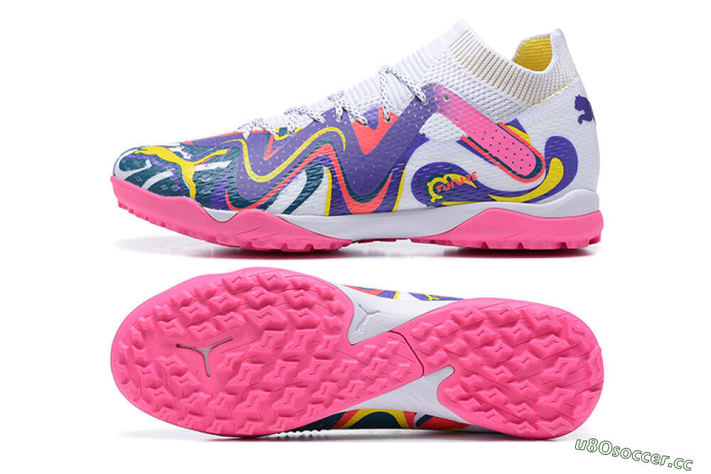 Men's Puma Future Ultimate TF Artificial Turf Low-Tops Football Shoes - White/Yellow/Blue/Pink 1