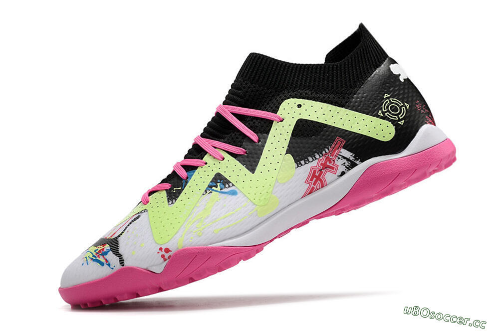 Men's Puma Future X Powercat Tokyo Match TF Artificial Turf Low-Tops Football Shoes - White/Black/Pink/Yellow 5