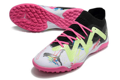 Men's Puma Future X Powercat Tokyo Match TF Artificial Turf Low-Tops Football Shoes - White/Black/Pink/Yellow
