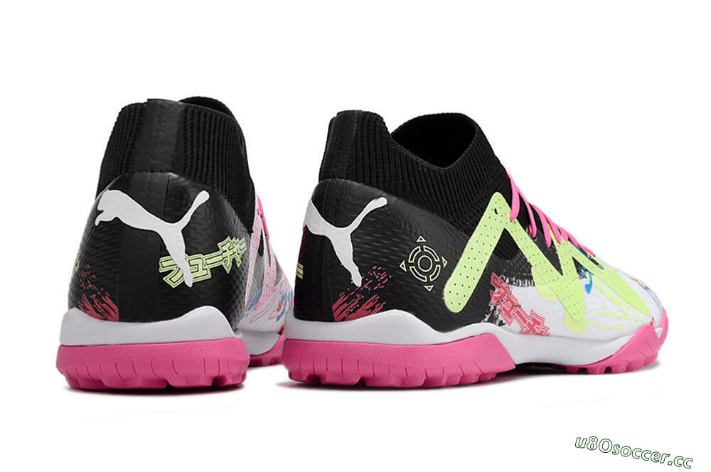 Men's Puma Future X Powercat Tokyo Match TF Artificial Turf Low-Tops Football Shoes - White/Black/Pink/Yellow 6