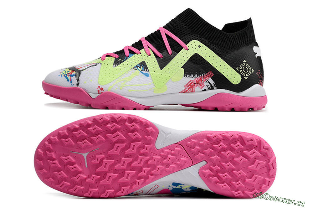 Men's Puma Future X Powercat Tokyo Match TF Artificial Turf Low-Tops Football Shoes - White/Black/Pink/Yellow 1