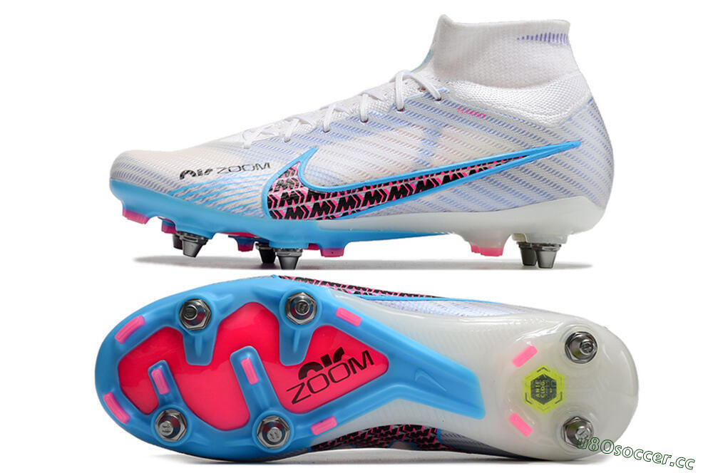 Men's Nike Air Zoom Mercurial Superfly 9 Elite FG Firm Ground High-Tops Football Boots - White/Grey/Blue 1