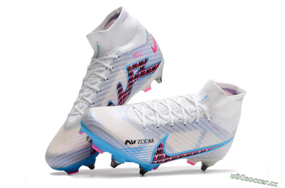 Men's Nike Air Zoom Mercurial Superfly 9 Elite FG Firm Ground High-Tops Football Boots - White/Grey/Blue 5