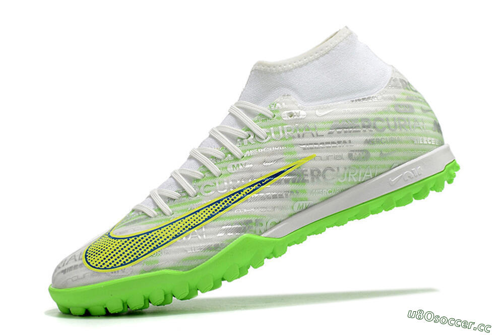 Men's Nike Air Zoom Mercurial Superfly 9 Academy TF Artificial Turf High-Tops Football Shoes - White/Green/Yellow 5