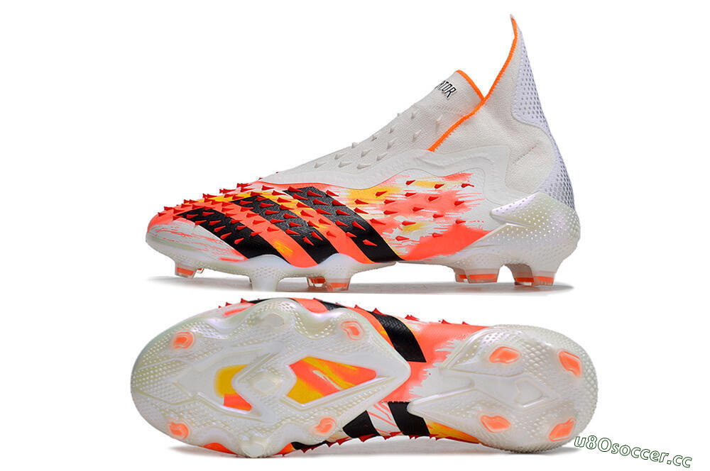 Men's Adidas Predator Freak+ FG Firm Ground High-Tops Football Boots - White/Black/Orange 1