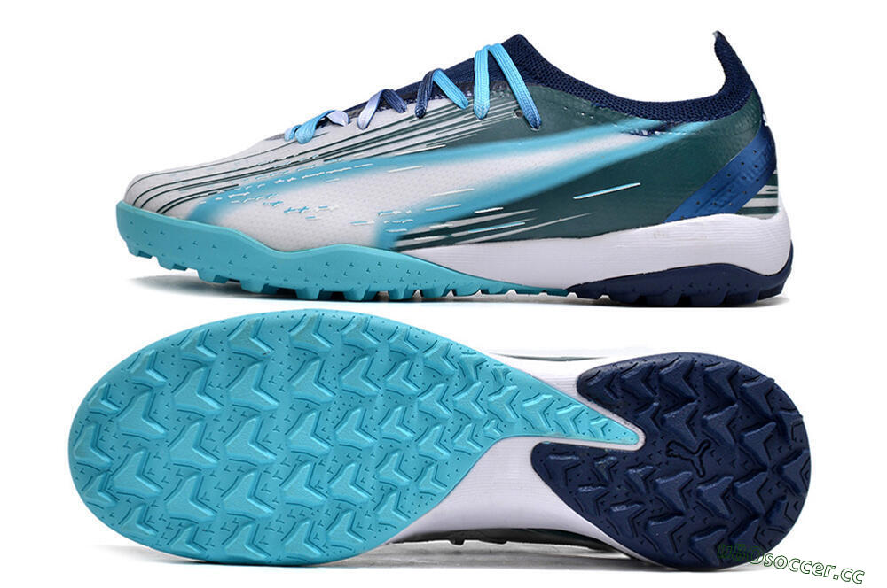 Men's Puma Ultra Ultimate TF Artificial Turf Low-Tops Football Shoes - White/Blue/Green 1