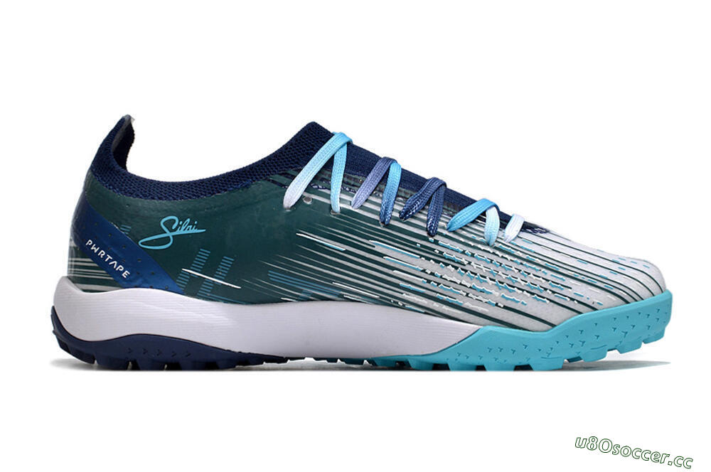 Men's Puma Ultra Ultimate TF Artificial Turf Low-Tops Football Shoes - White/Blue/Green 7