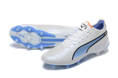Men's Puma King Ultimate Icon MG Multi Ground Low-Tops Football Boots - White/Blue