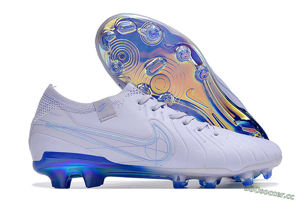 Men's NikeTiempo Legend 10 Elite FG Firm Ground Low-Tops Football Boots - White/Blue/Gold 2